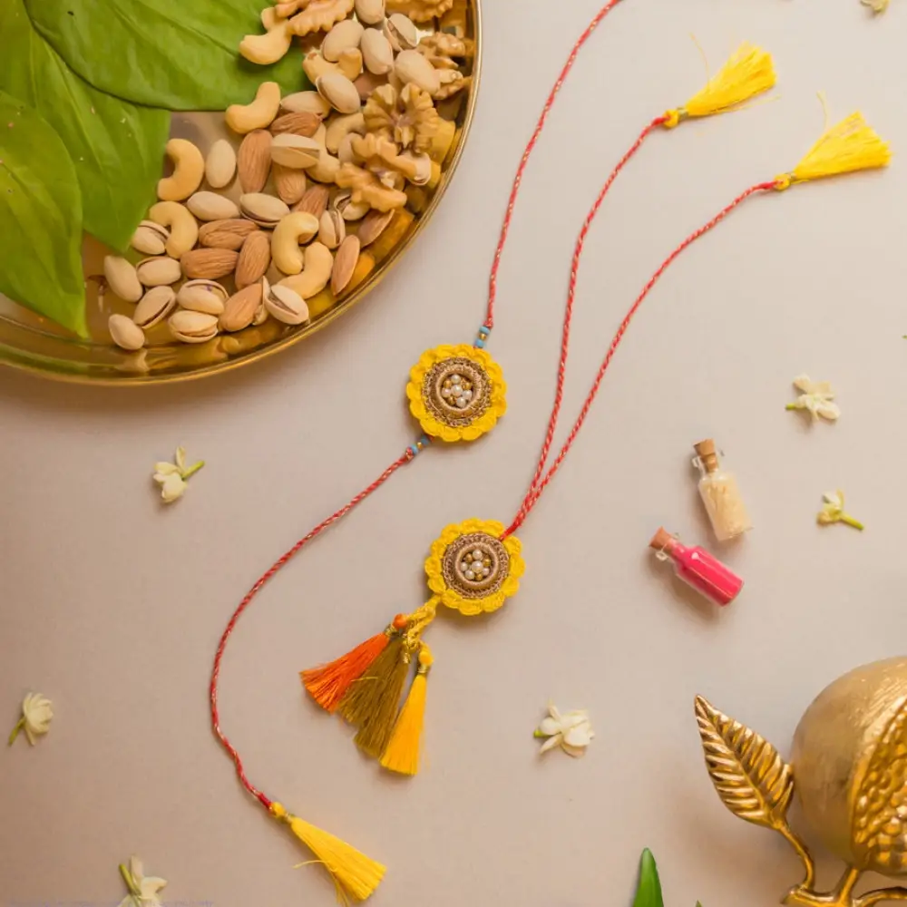shop Handmade Marigold Crochet Rakhi & Lumba Set (Set of 2)