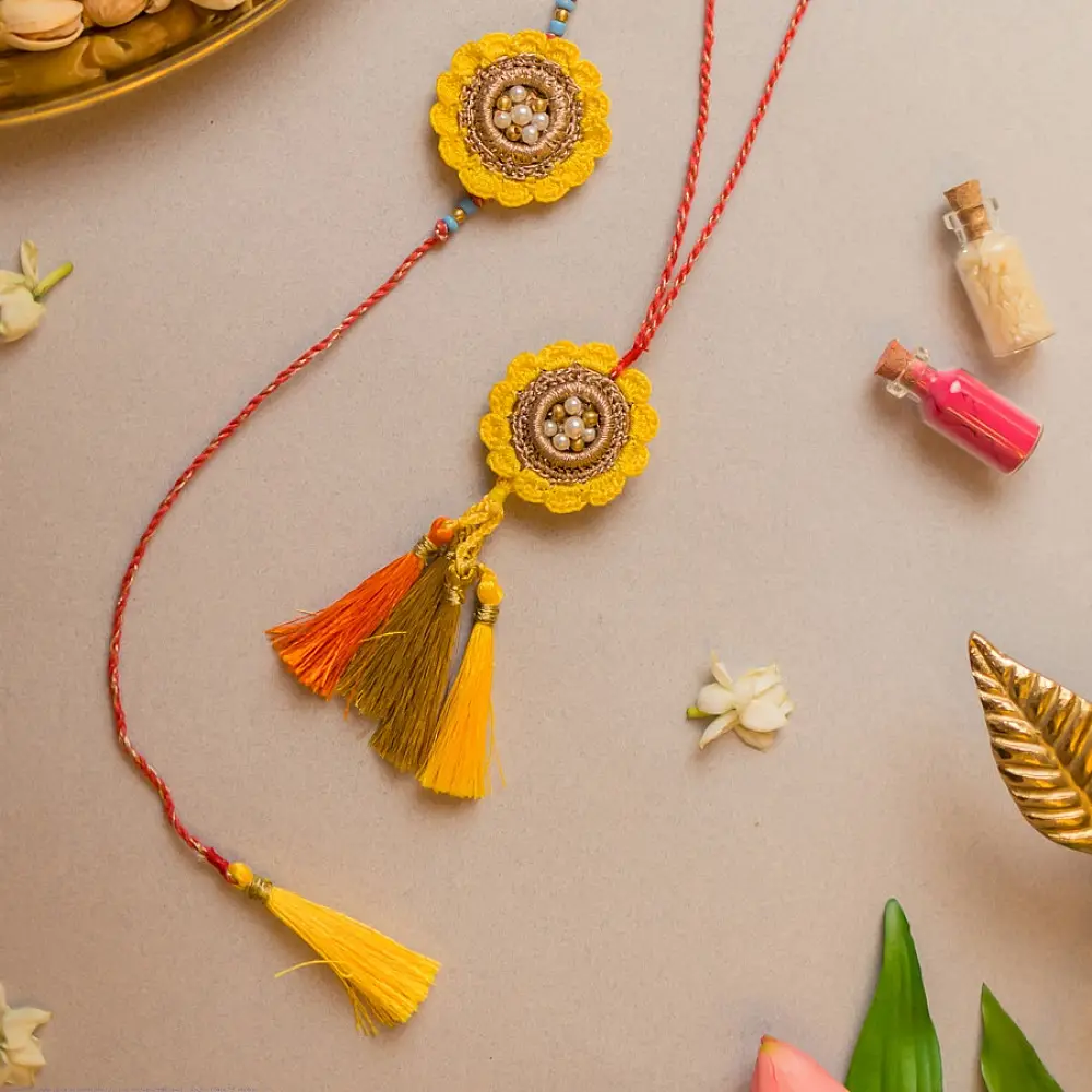 shop Handmade Marigold Crochet Rakhi & Lumba Set (Set of 2)