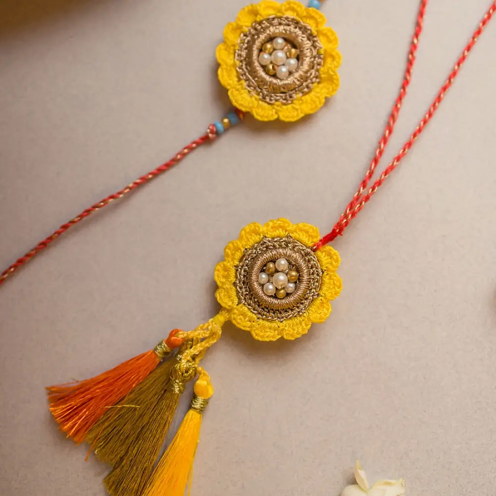 shop Handmade Marigold Crochet Rakhi & Lumba Set (Set of 2)
