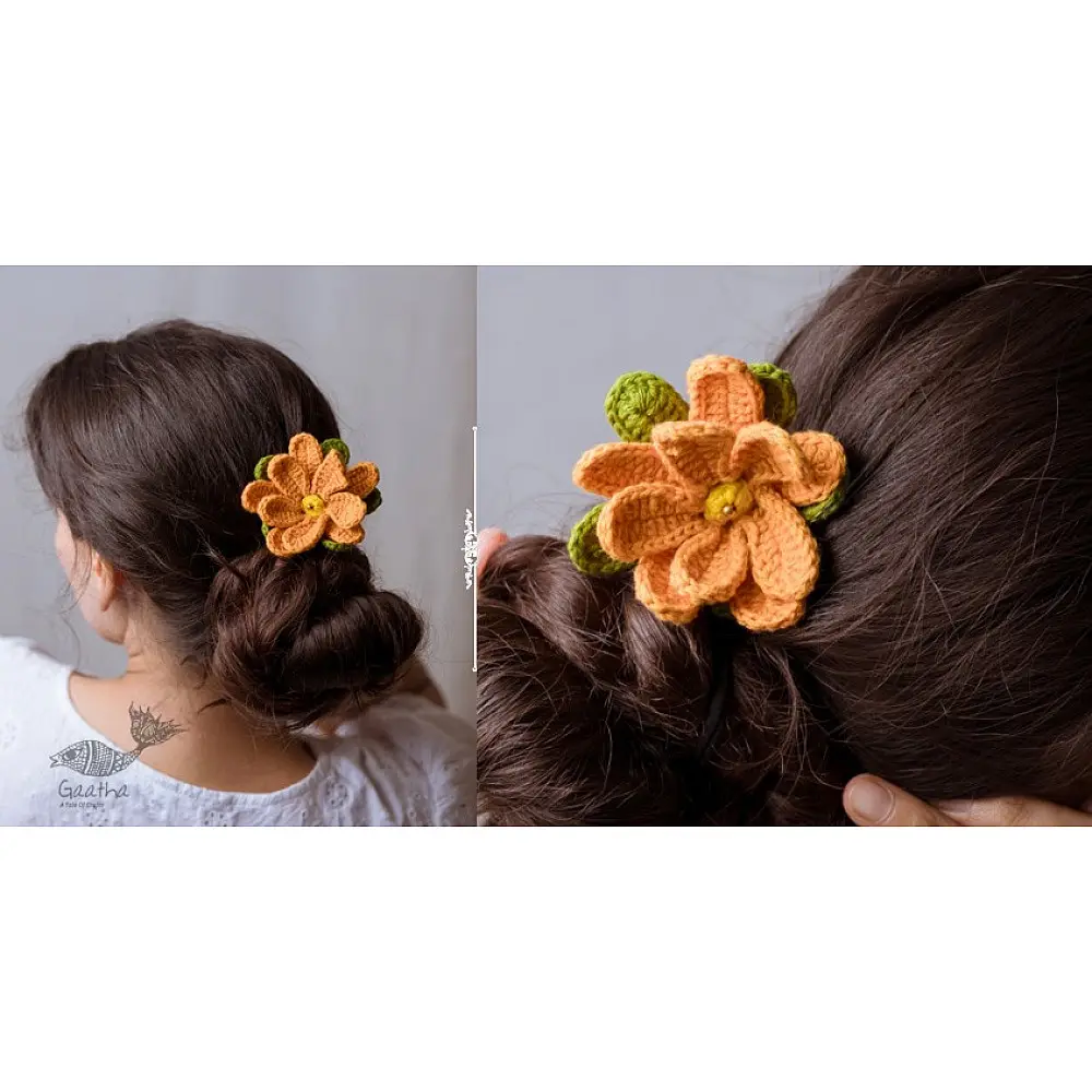 Buy Handmade Mustard Camellia hair stick crafted with wood and crochet detailing for elegant everyday hairstyles.