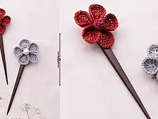 Crochet ✩ Multi coloured Five Petal Flowers Hair Stick (Pair) ~ Red