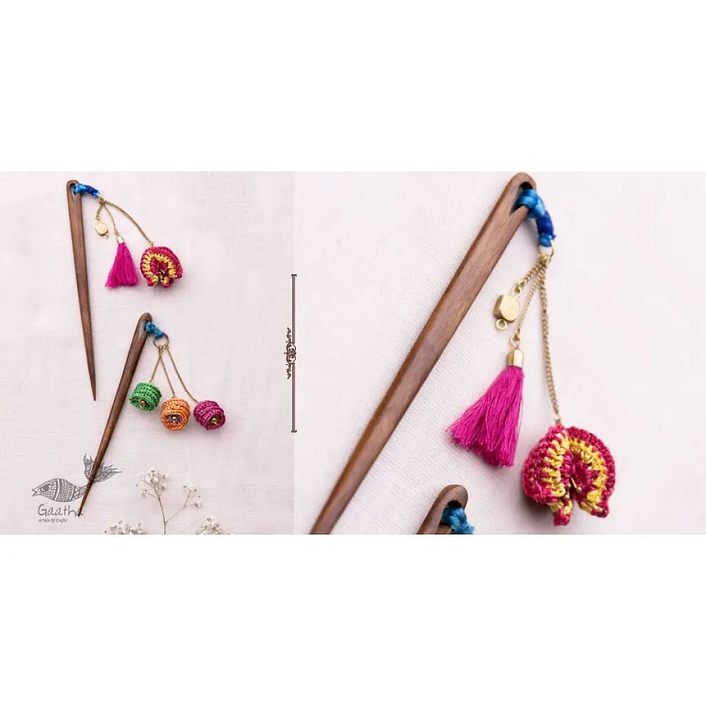 Handmade floral hair stick crafted with delicate thread and wood