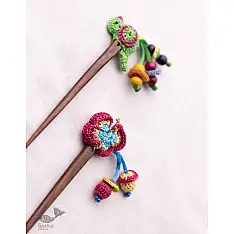 Crochet ✩ Multi coloured Bird Butterfly Hair Stick (Pair) ~ Green