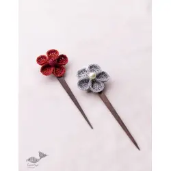 Crochet ✩ Multi coloured Five Petal Flowers Hair Stick (Pair) ~ Red