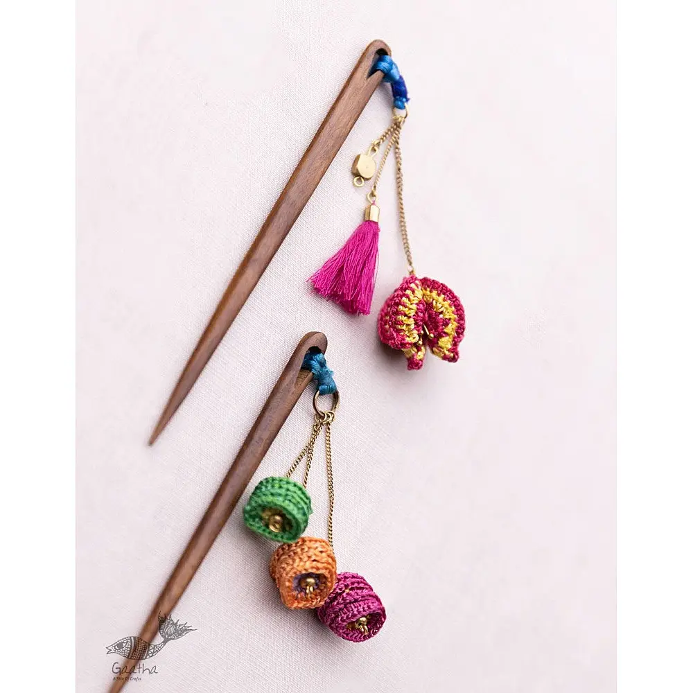 Handmade floral hair stick crafted with delicate thread and wood