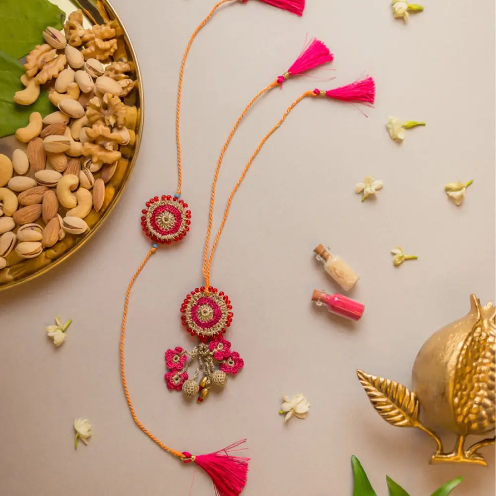 shop Pink Twilight Crochet Rakhi & Lumba Set (Set of 2)