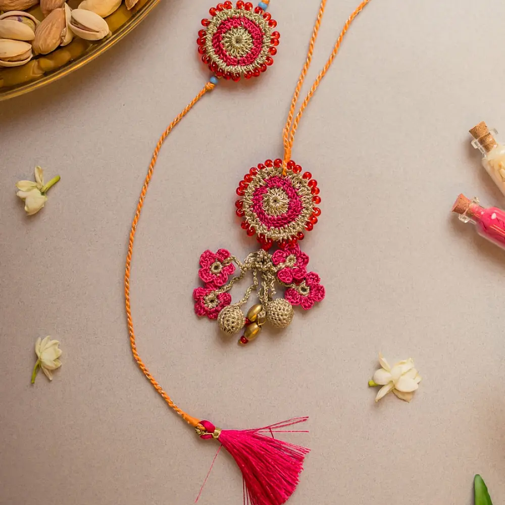 shop Pink Twilight Crochet Rakhi & Lumba Set (Set of 2)