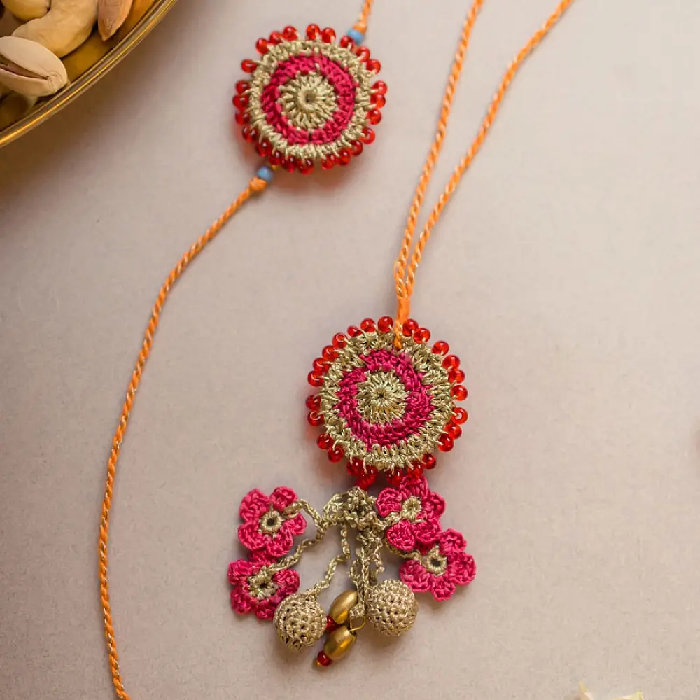 shop Pink Twilight Crochet Rakhi & Lumba Set (Set of 2)