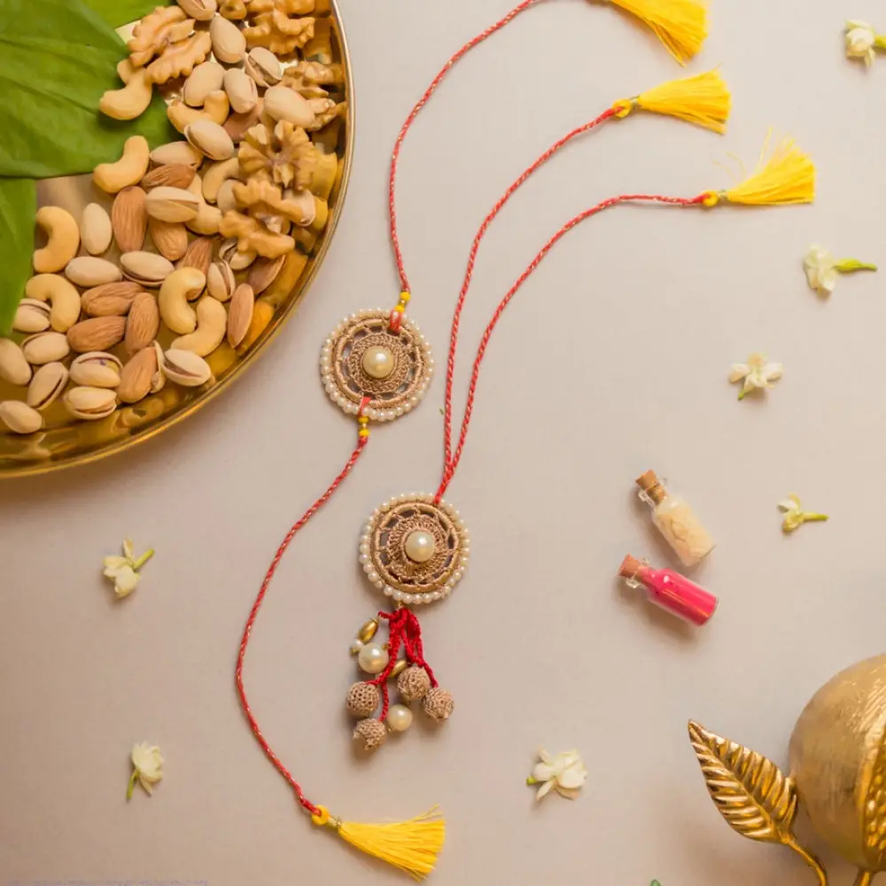 shop Antique Pearl Crochet Rakhi & Lumba Set (Set of 2)