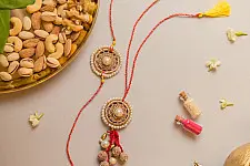 Crochet Rakhi -⚬- Antique Pearl Crochet Rakhi & Lumba Set (Set of 2) 