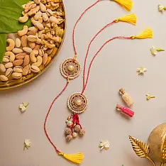 Crochet Rakhi -⚬- Antique Pearl Crochet Rakhi & Lumba Set (Set of 2) 