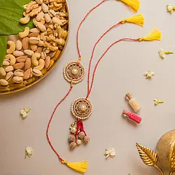 Crochet Rakhi -⚬- Antique Pearl Crochet Rakhi & Lumba Set (Set of 2) 