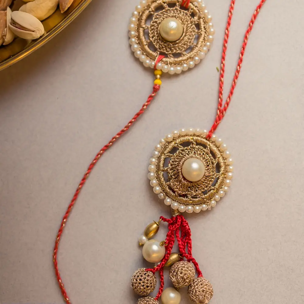 shop Antique Pearl Crochet Rakhi & Lumba Set (Set of 2)