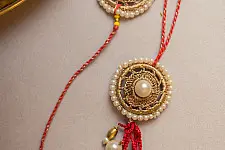 Crochet Rakhi -⚬- Antique Pearl Crochet Rakhi & Lumba Set (Set of 2) 