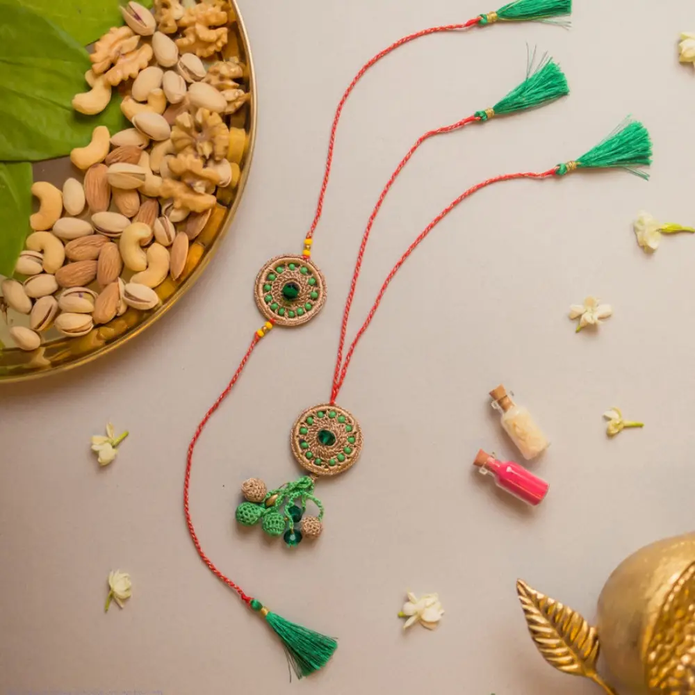 shop Green Jewel Crochet Rakhi & Lumba Set (Set of 2)