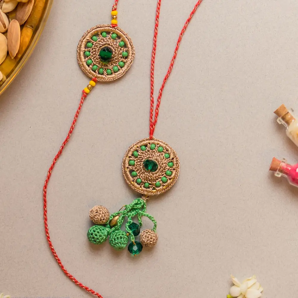 shop Green Jewel Crochet Rakhi & Lumba Set (Set of 2)