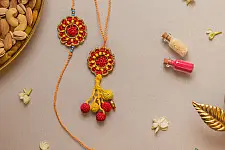 Crochet Rakhi -⚬- Red Mandala Crochet Rakhi & Lumba Set (Set of 2)
