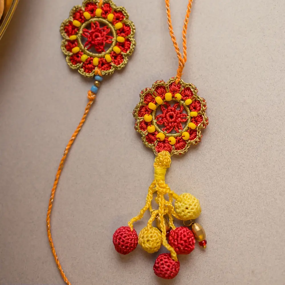 shop Red Mandala Crochet Rakhi & Lumba Set (Set of 2)