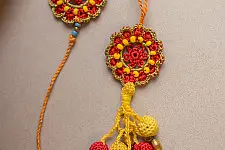 Crochet Rakhi -⚬- Red Mandala Crochet Rakhi & Lumba Set (Set of 2)