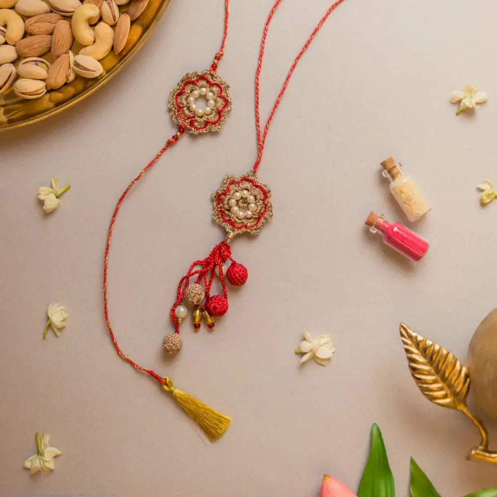 shop Handmade Red Pearl Crochet Rakhi & Lumba Set (Set of 2)