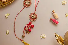 Crochet Rakhi -⚬- Red Pearl Crochet Rakhi & Lumba Set (Set of 2)