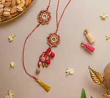 Crochet Rakhi -⚬- Red Pearl Crochet Rakhi & Lumba Set (Set of 2)