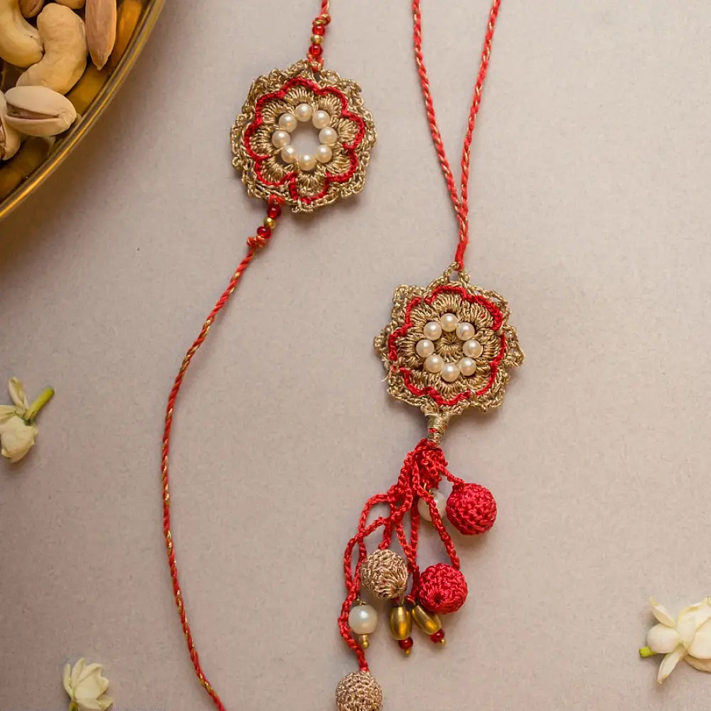 shop Handmade Red Pearl Crochet Rakhi & Lumba Set (Set of 2)