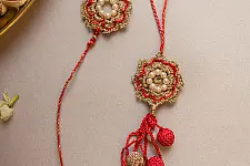 Crochet Rakhi -⚬- Red Pearl Crochet Rakhi & Lumba Set (Set of 2)