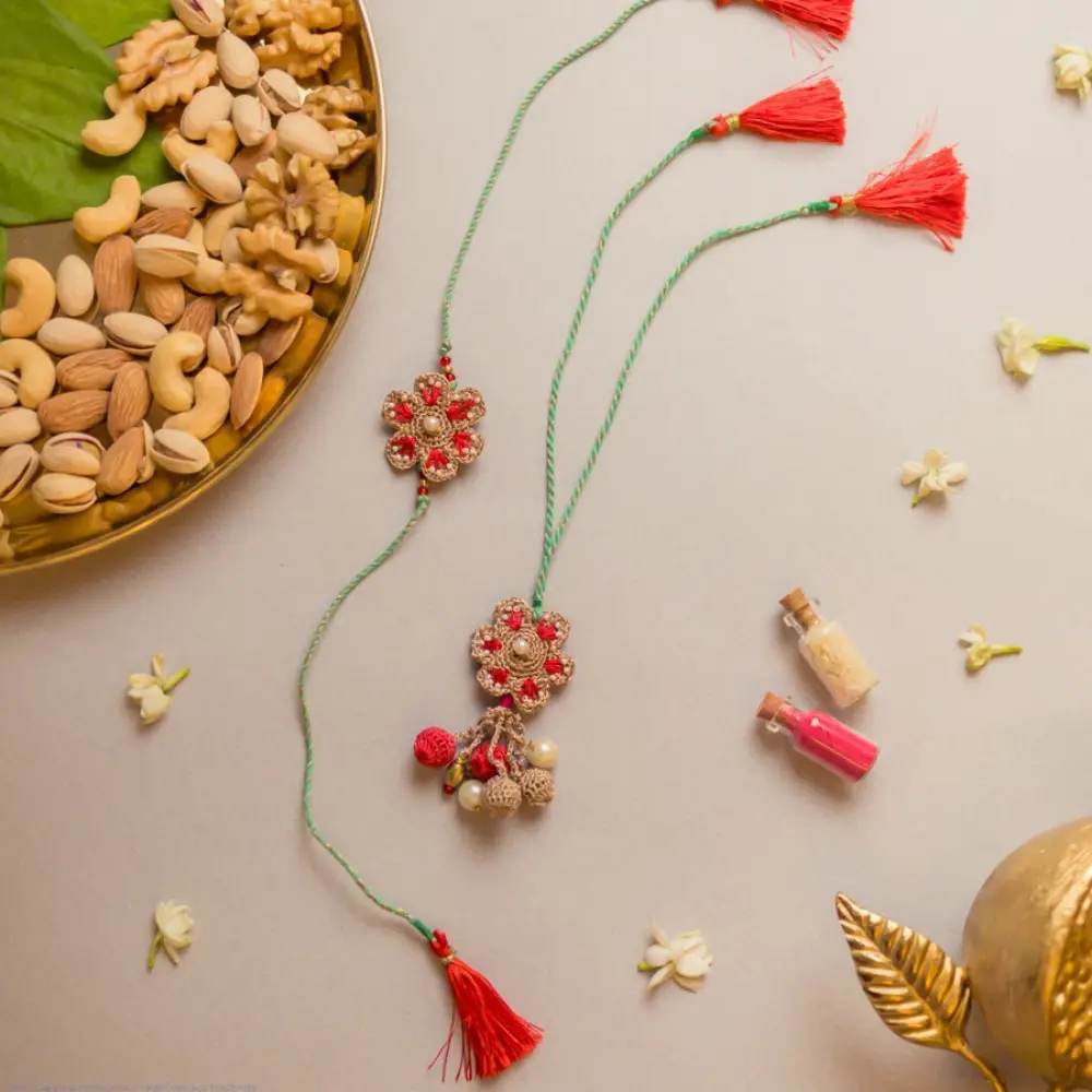 shop Coral Red Crochet Rakhi & Lumba Set (Set of 2)