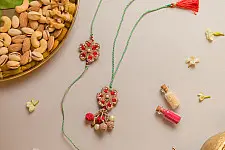 Crochet Rakhi -⚬- Coral Red Crochet Rakhi & Lumba Set (Set of 2)