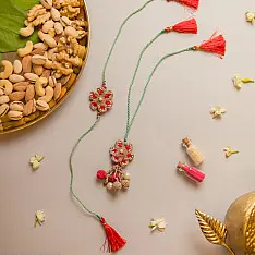 Crochet Rakhi -⚬- Coral Red Crochet Rakhi & Lumba Set (Set of 2)