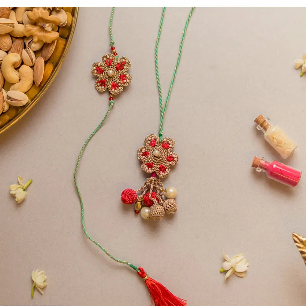 shop Coral Red Crochet Rakhi & Lumba Set (Set of 2)