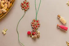 Crochet Rakhi -⚬- Coral Red Crochet Rakhi & Lumba Set (Set of 2)