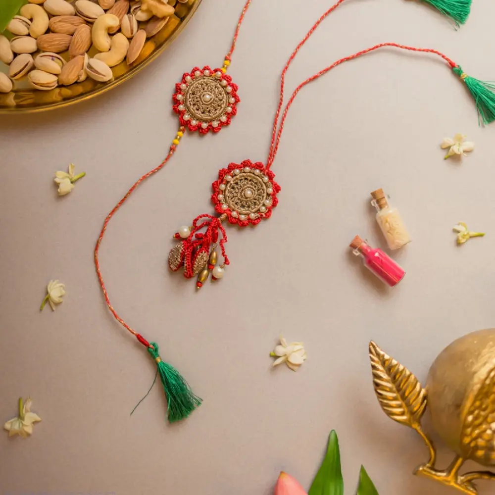shop Festive Red Crochet Rakhi & Lumba Set (Set of 2)