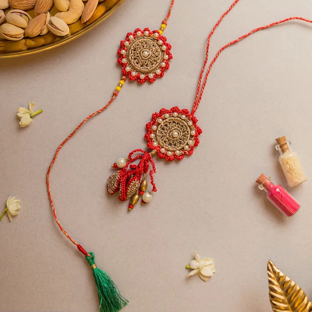 shop Festive Red Crochet Rakhi & Lumba Set (Set of 2)
