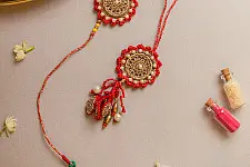 Crochet Rakhi -⚬- Handmade Festive Red Crochet Rakhi & Lumba Set (Set of 2)