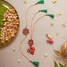 Crochet Rakhi -⚬- Red Stone Crochet Rakhi & Lumba Set (Set of 2)