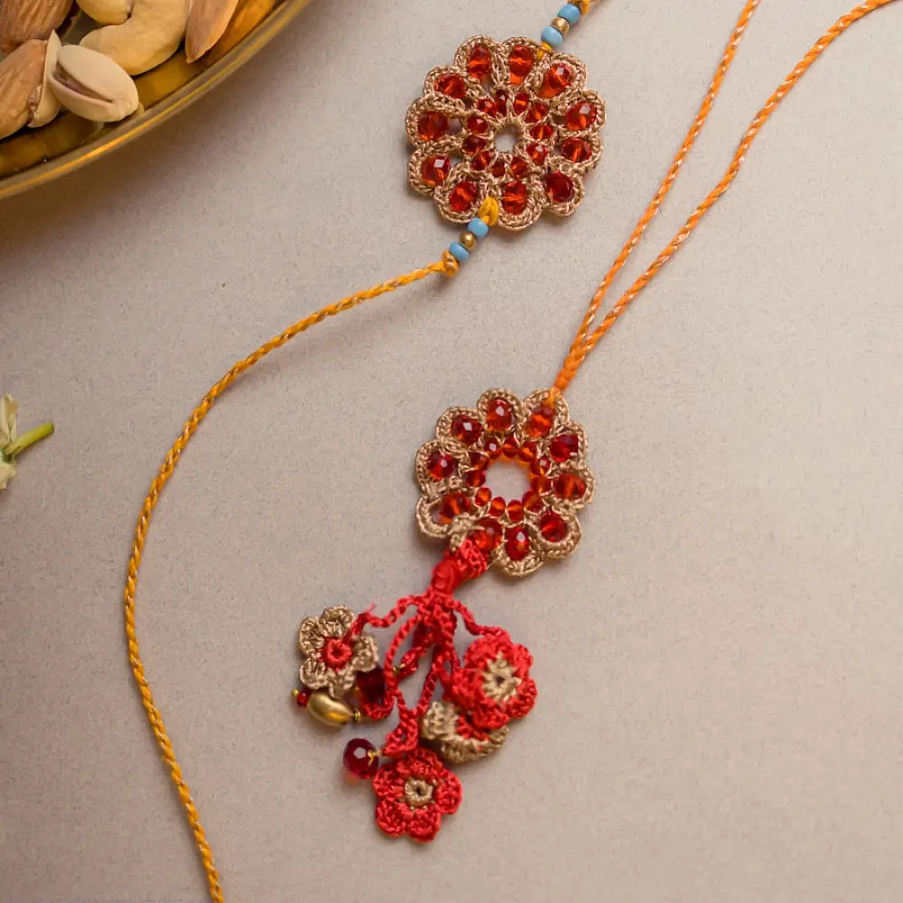 shop Red Stone Crochet Rakhi & Lumba Set (Set of 2)