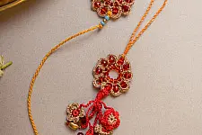 Crochet Rakhi -⚬- Red Stone Crochet Rakhi & Lumba Set (Set of 2)