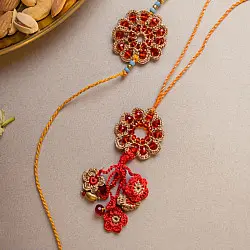Crochet Rakhi -⚬- Red Stone Crochet Rakhi & Lumba Set (Set of 2)