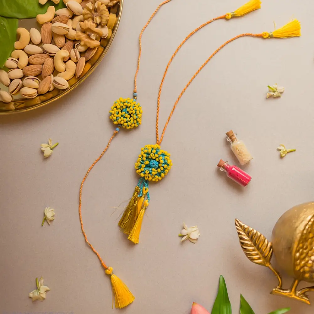 shop Yellow Coral Crochet Rakhi & Lumba Set (Set of 2)