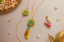 Crochet Rakhi -⚬- Yellow Coral Crochet Rakhi & Lumba Set (Set of 2)