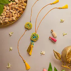 Crochet Rakhi -⚬- Yellow Coral Crochet Rakhi & Lumba Set (Set of 2)