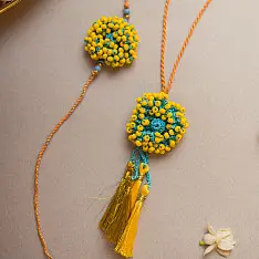 Crochet Rakhi -⚬- Yellow Coral Crochet Rakhi & Lumba Set (Set of 2)