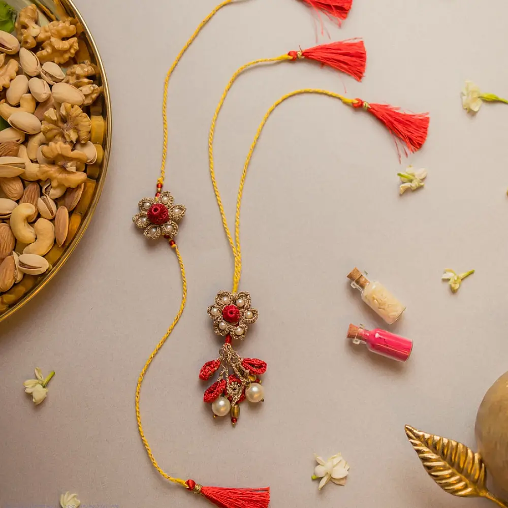 shop Antique Flower Crochet Rakhi & Lumba Set (Set of 2)
