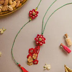Crochet Rakhi -⚬- Red Flower Crochet Rakhi & Lumba Set (Set of 2)