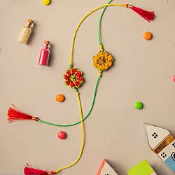 Crochet Rakhi -⚬- Festive Marigold Crochet Rakhi Set (Set of 2)