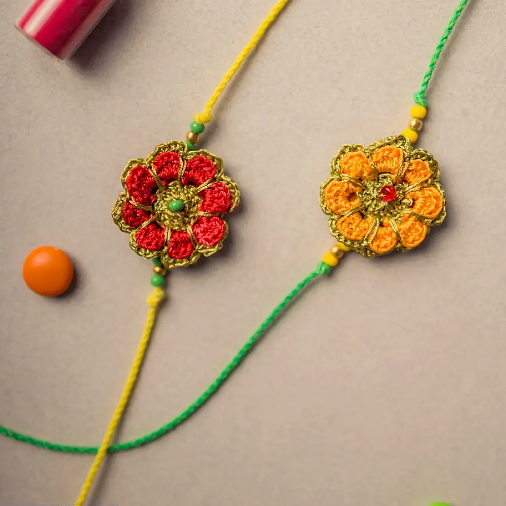 shop Festive Marigold Crochet Rakhi Set (Set of 2)