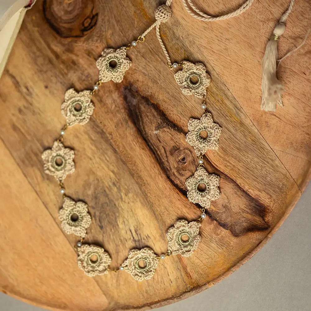 Crochet Necklace |  Ornate Beige flower Necklace