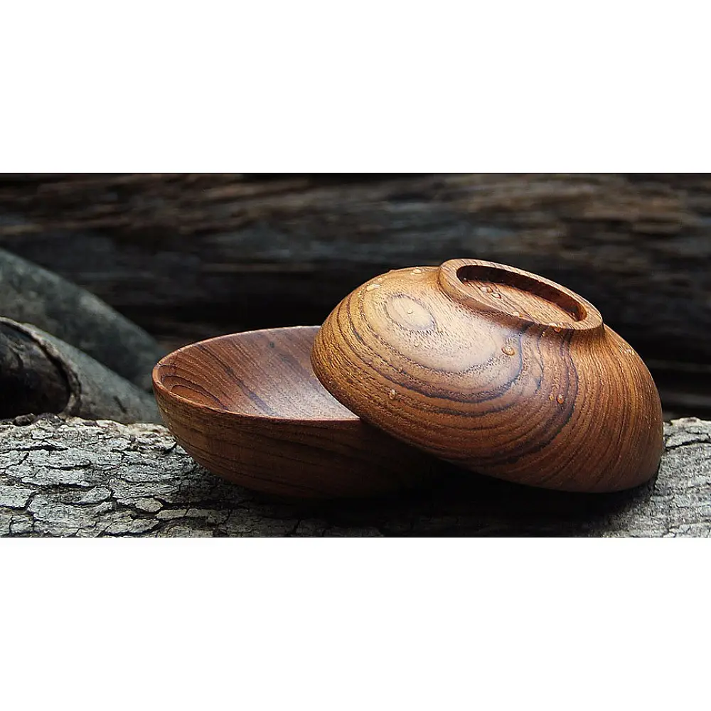 handmade wooden burmese bowls set of two with pot shaped design and rich grain